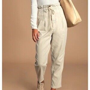Free People Size M Margate Pleated Paperbag Pants Beige